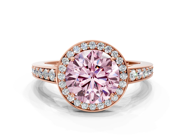 Rose gold Fancy Pink Round  Halo Pavé Diamond Engagement Ring with Bezel Setting