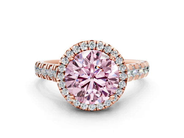Rose gold Fancy Pink Round  Halo Pavé Diamond Engagement Ring with Four-Prong Setting