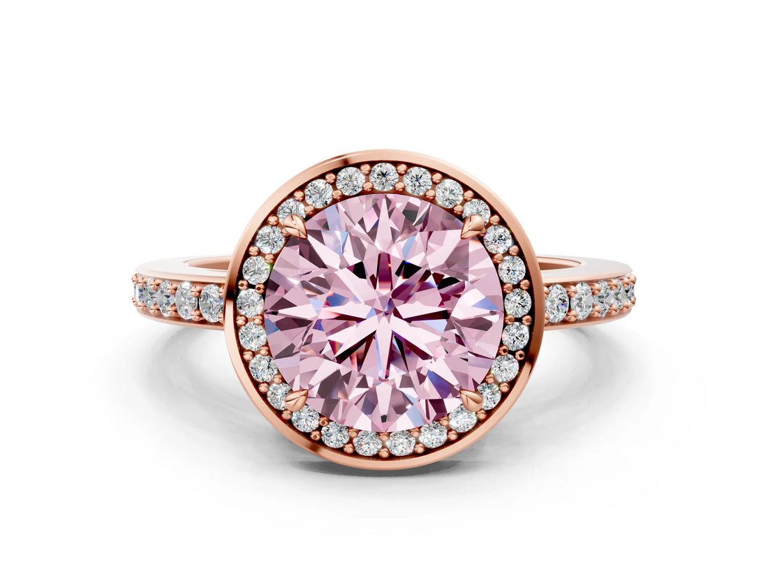 Rose gold Fancy Pink Round  Halo Pave Band Solitaire Ring with Prong Setting_34