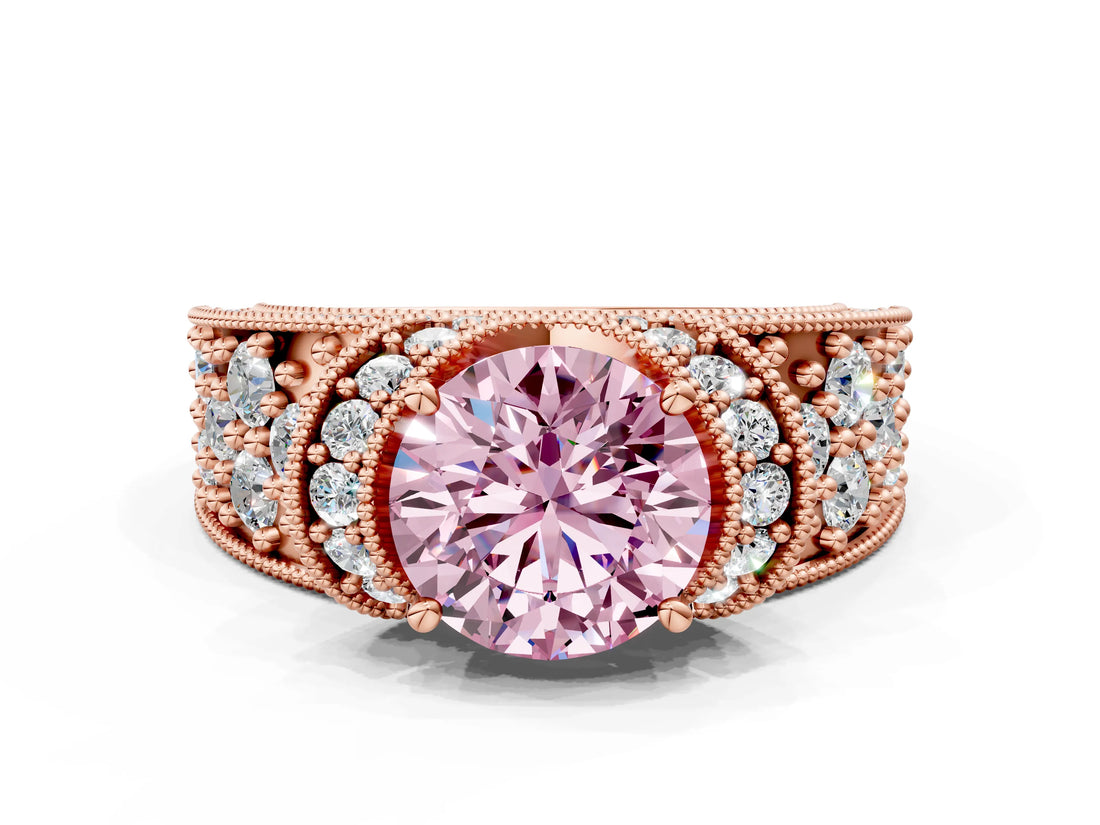 Rose gold Fancy Pink Round  Halo Pave Diamond Engagement Ring with Milgrain Detailing_50