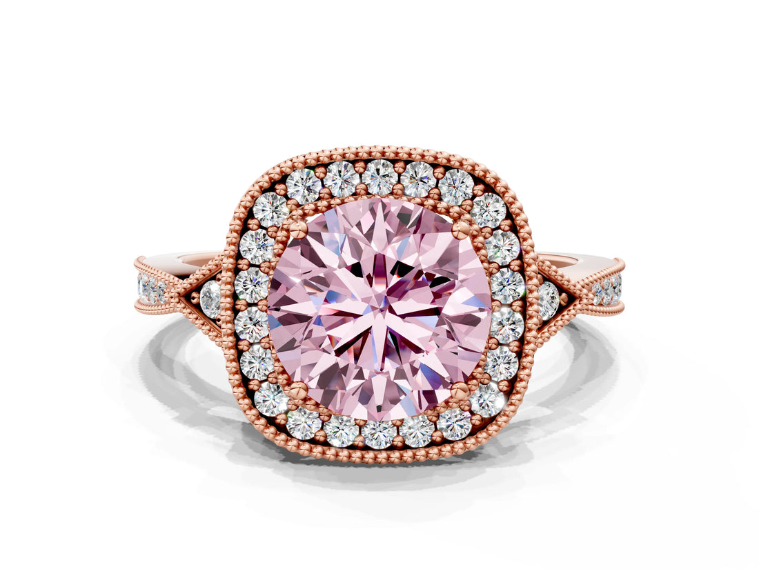 Rose gold Fancy Pink Round  Halo Round Diamond Milgrain Pave Engagement Ring_3