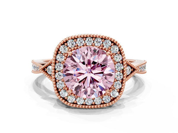 Rose gold Fancy Pink Round  Halo Round Diamond Milgrain Pave Engagement Ring