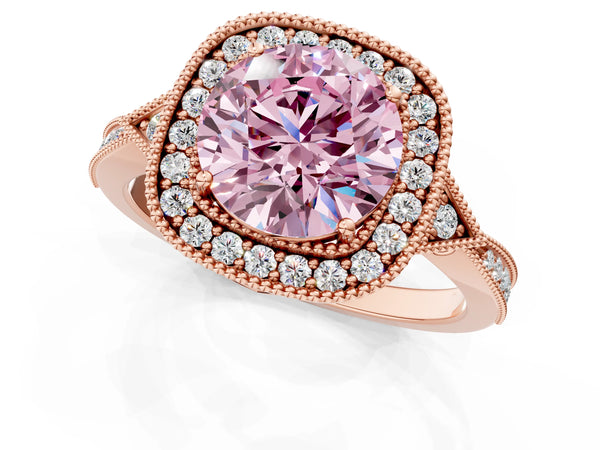 Rose gold Fancy Pink Round  Halo Round Diamond Milgrain Pave Engagement Ring