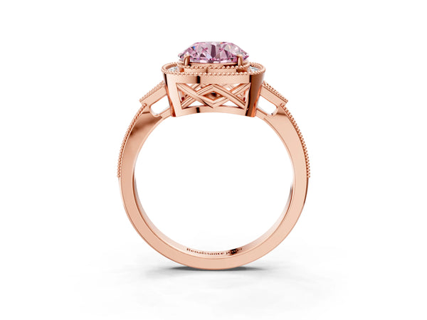 Rose gold Fancy Pink Round  Halo Round Diamond Milgrain Pave Engagement Ring