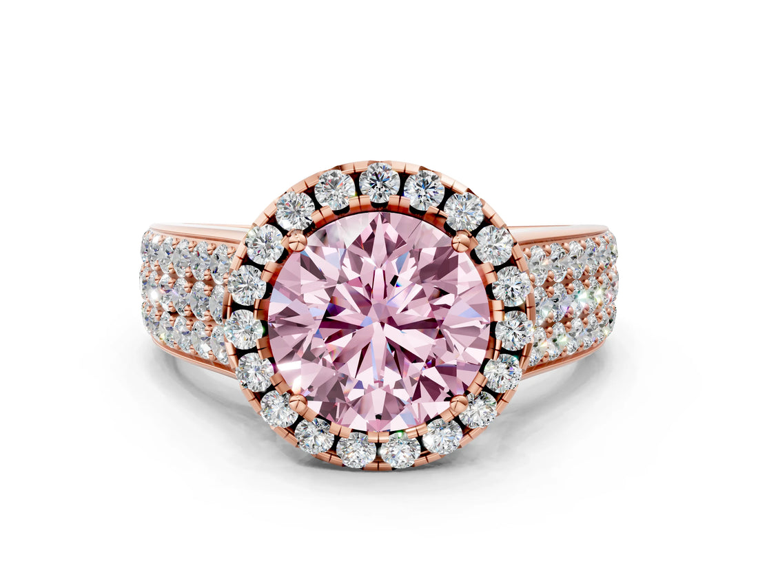 Rose gold Fancy Pink Round  Halo Round Diamond Pave Band with Prong Setting