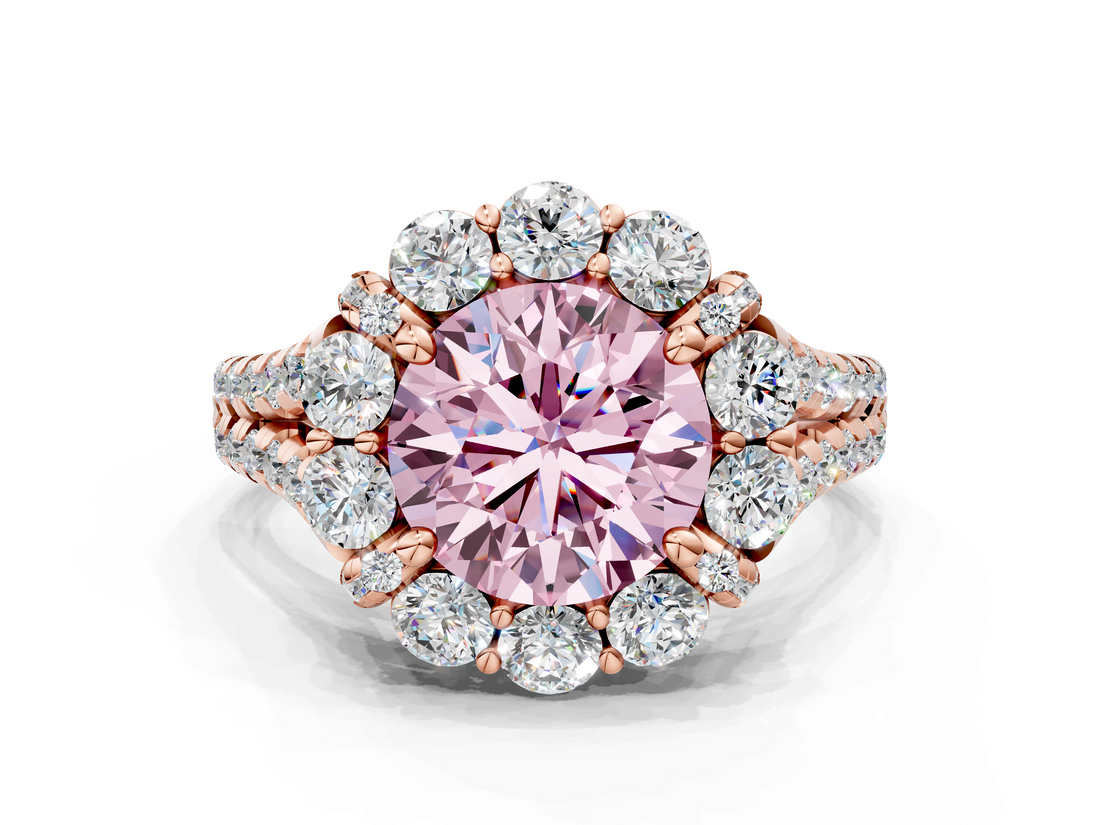 Rose gold Fancy Pink Round  Halo Split Shank Diamond Engagement Ring with Pave Band and Four-Prong Setting