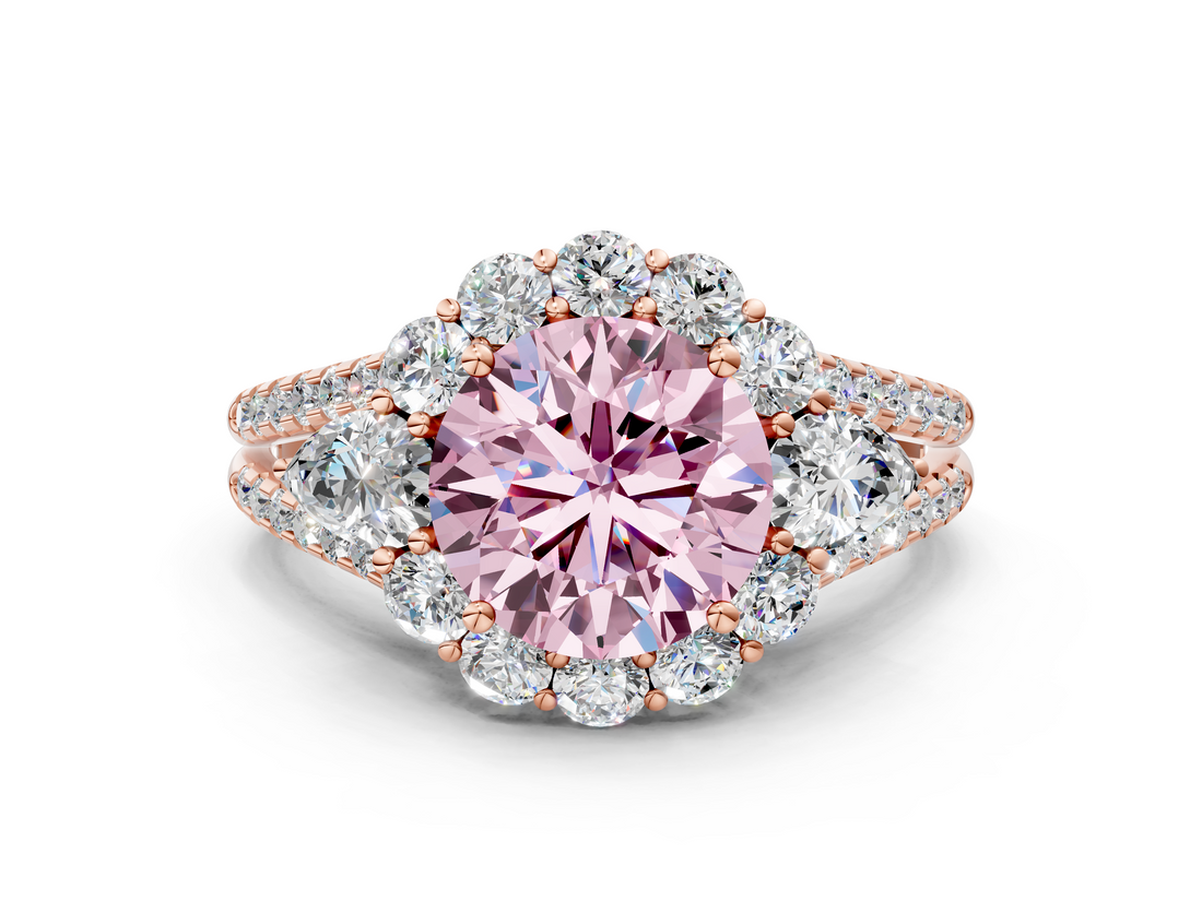 Rose gold Fancy Pink Round  Halo Split Shank Diamond Engagement Ring with Prong Setting