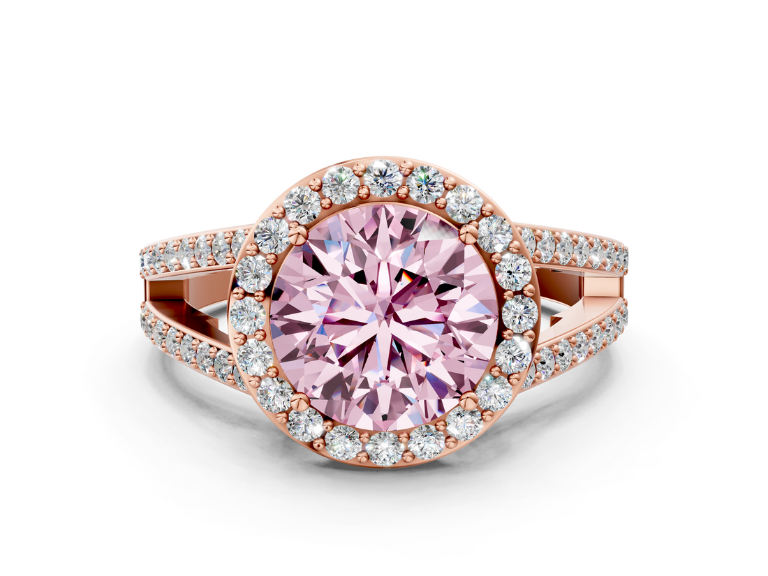 Rose gold Fancy Pink Round  Halo Split Shank Diamond Ring with Four-Prong Setting