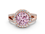 Rose gold Fancy Pink Round  Halo Split Shank Diamond Ring with Four-Prong Setting