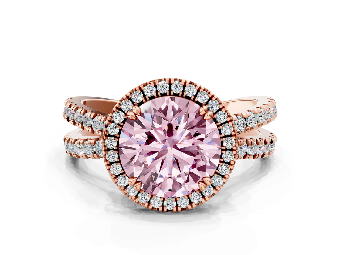Rose gold Fancy Pink Round  Halo Split Shank Diamond Ring with Pavé Setting_26