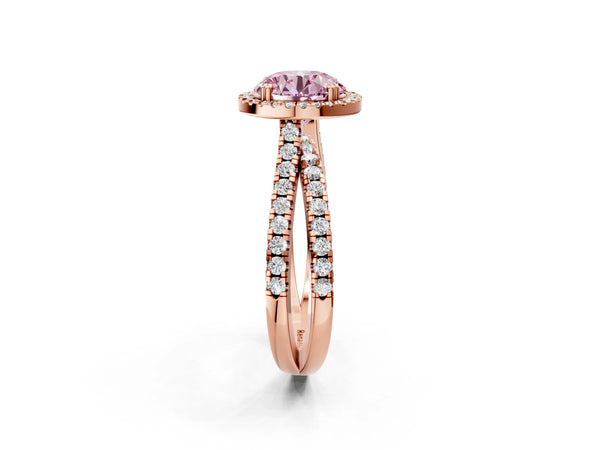Rose gold Fancy Pink Round  Halo Split Shank Diamond Ring with Pavé Setting