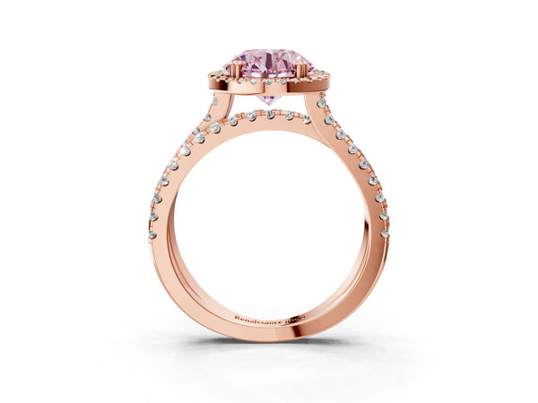 Rose gold Fancy Pink Round  Halo Split Shank Diamond Ring with Pavé Setting