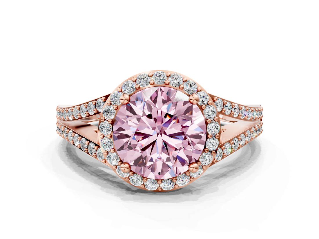 Rose gold Fancy Pink Round  Halo Split Shank Diamond Ring with Prong Setting