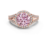 Rose gold Fancy Pink Round  Halo Split Shank Diamond Ring with Prong Setting