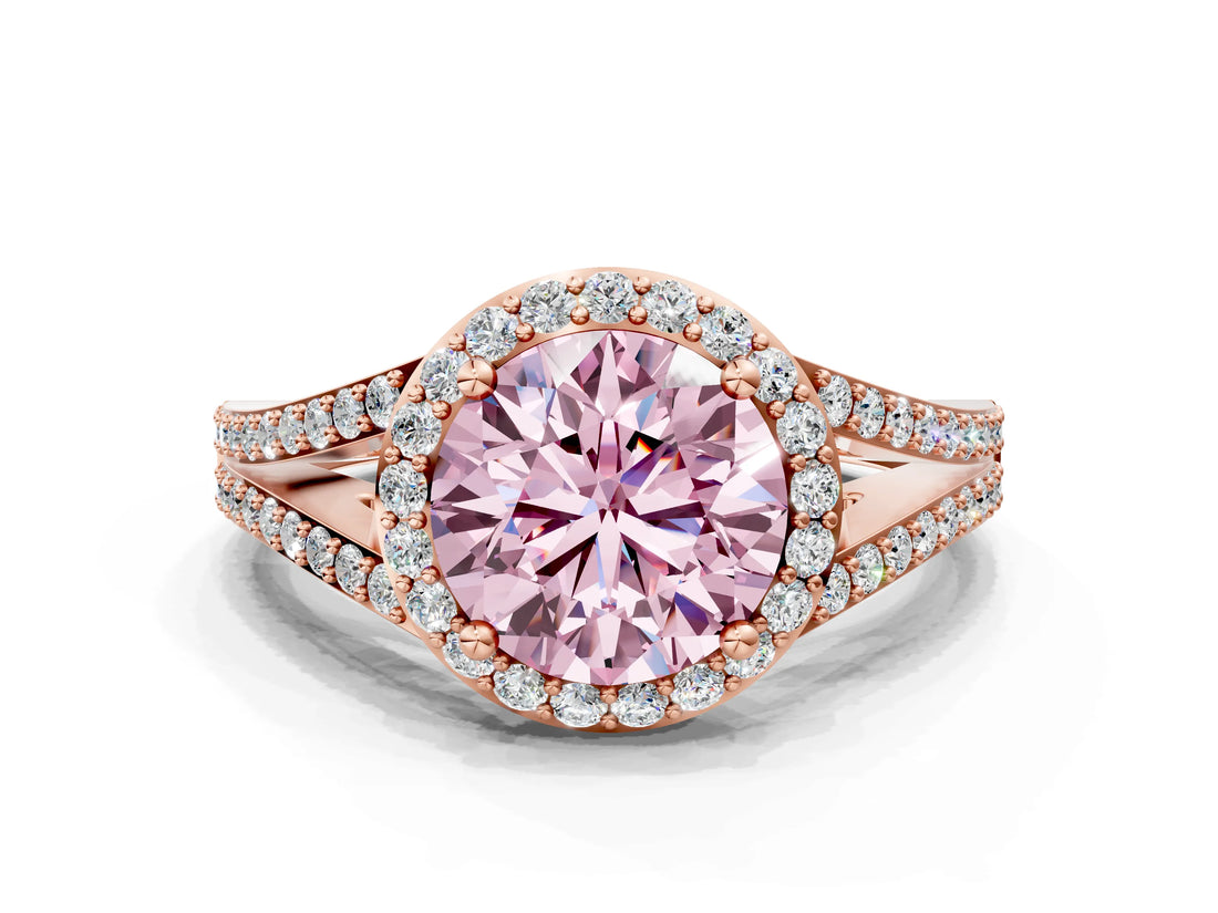 Rose gold Fancy Pink Round  Halo Split Shank Pave Diamond Ring with Four-Prong Setting_34