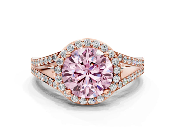 Rose gold Fancy Pink Round  Halo Split Shank Pave Diamond Ring with Four-Prong Setting