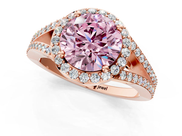 Rose gold Fancy Pink Round  Halo Split Shank Pave Diamond Ring with Four-Prong Setting