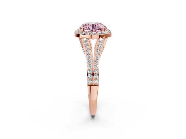 Rose gold Fancy Pink Round  Halo Split Shank Pave Diamond Ring with Four-Prong Setting