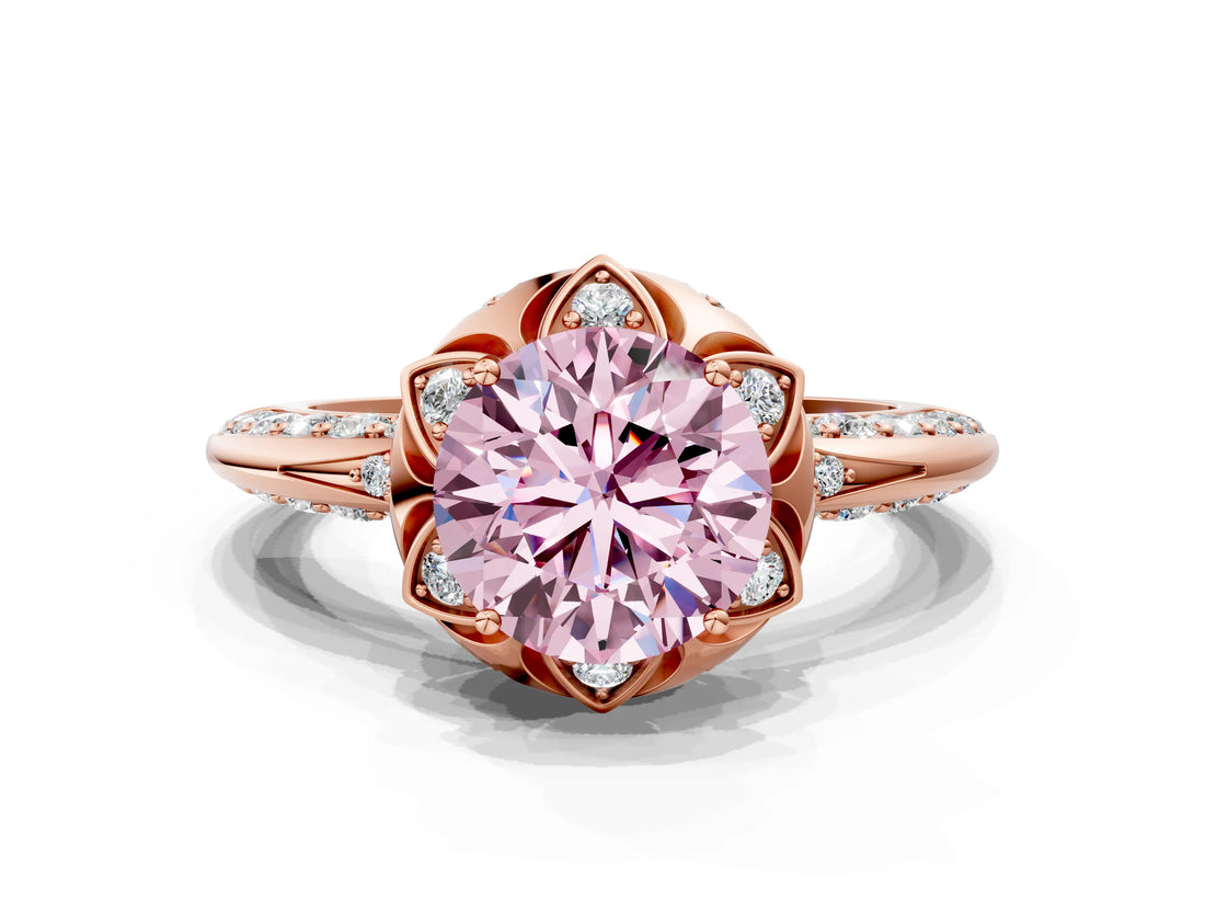 Rose gold Fancy Pink Round  Halo Split Shank Pave Diamond Ring with Petal Prong Setting_20
