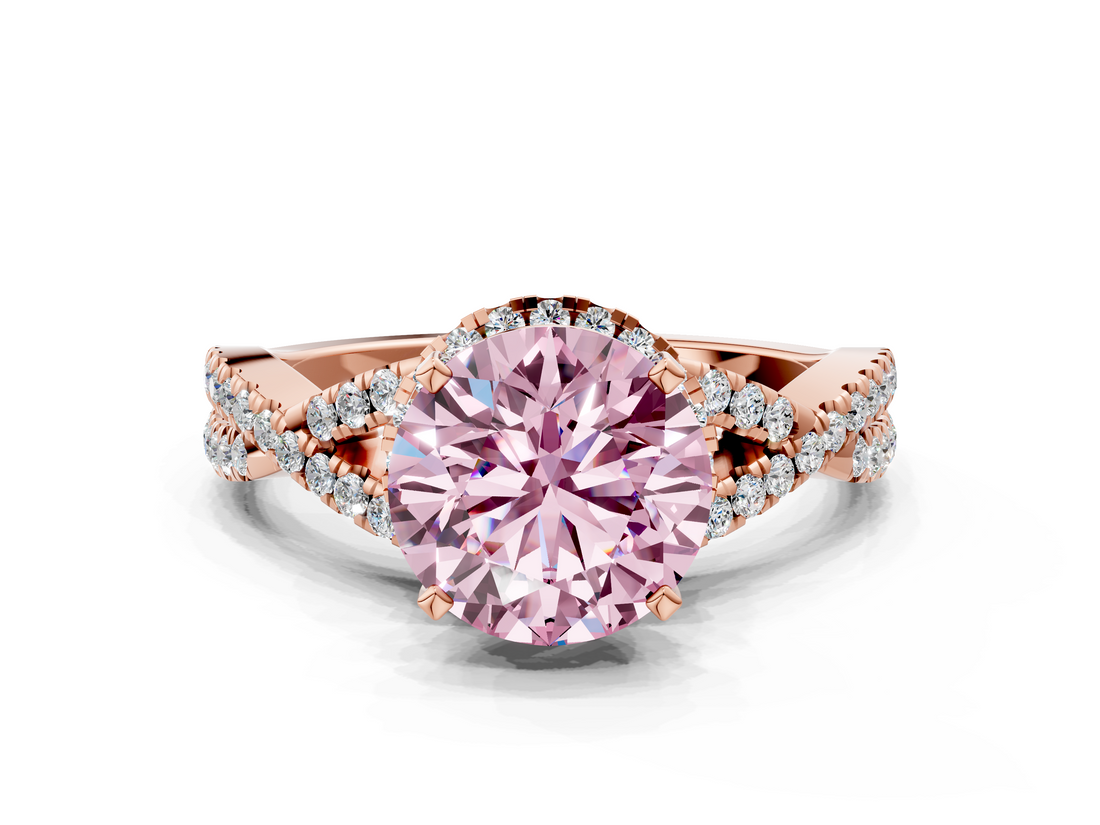 Rose gold Fancy Pink Round  Halo Twist Band Solitaire Prong Setting Ring