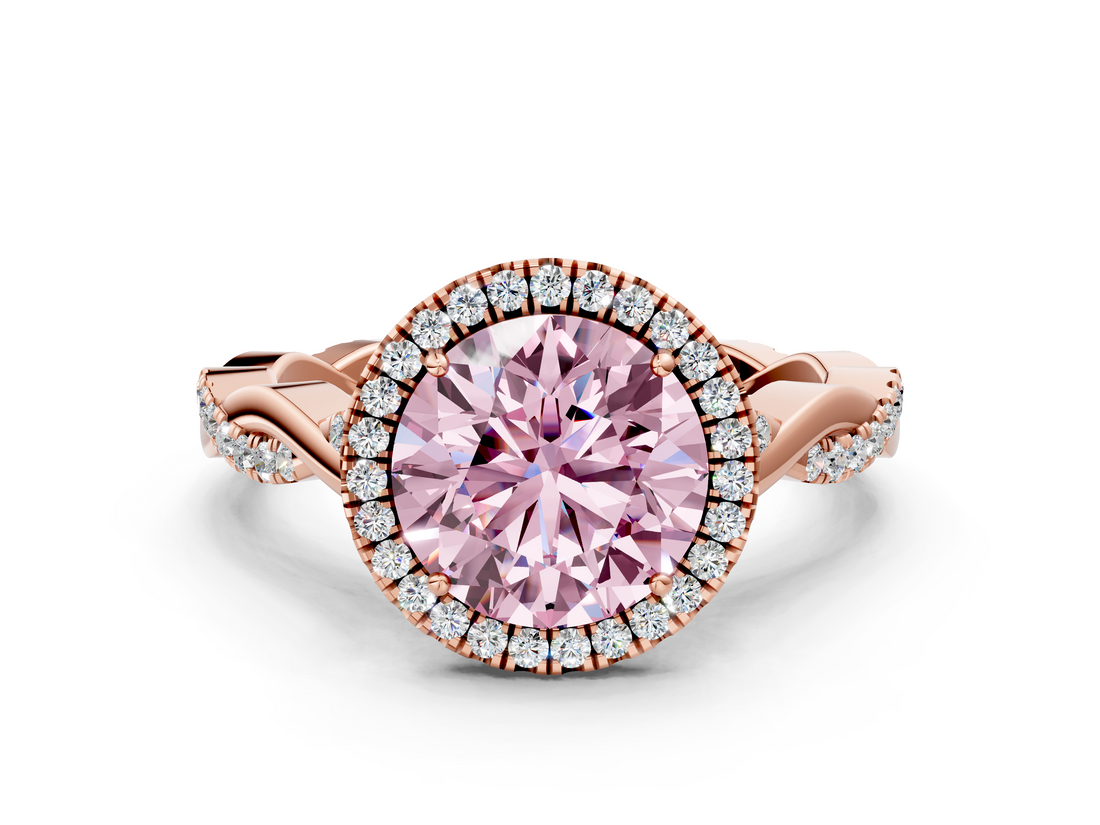 Rose gold Fancy Pink Round  Halo Twist Band Solitaire Ring