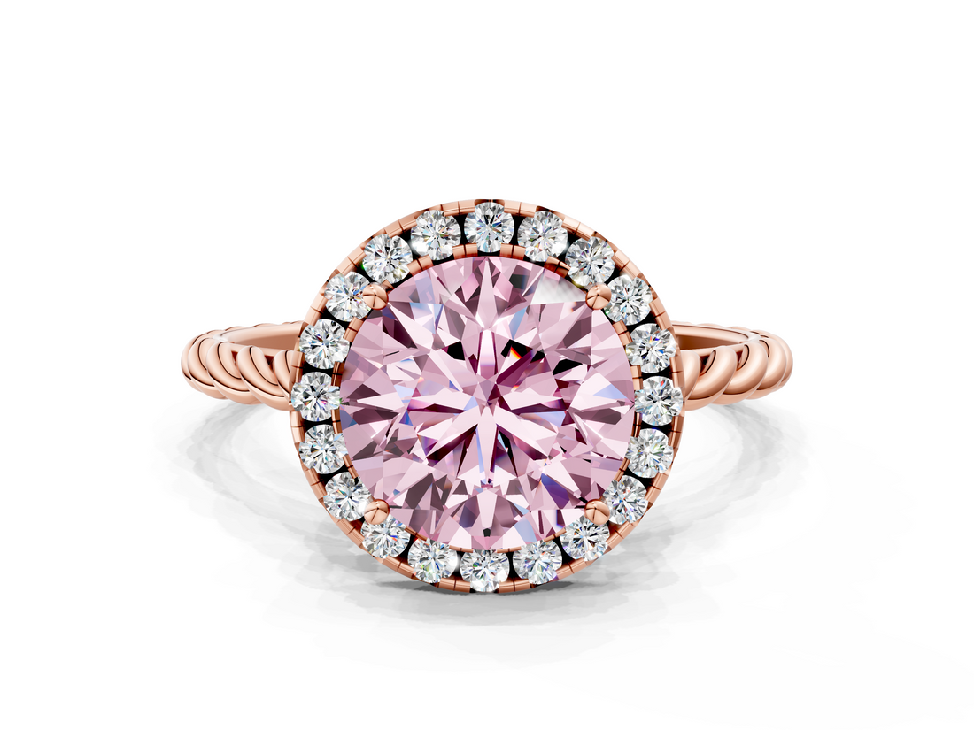 Rose gold Fancy Pink Round  Halo Twisted Band Four-Prong Diamond Ring
