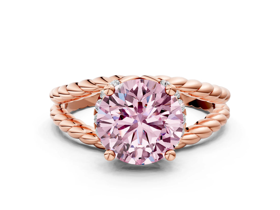 Rose gold Fancy Pink Round  Halo Twisted Band Four-Prong Ring_32