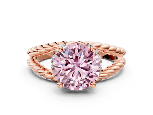 Rose gold Fancy Pink Round  Halo Twisted Band Four-Prong Ring