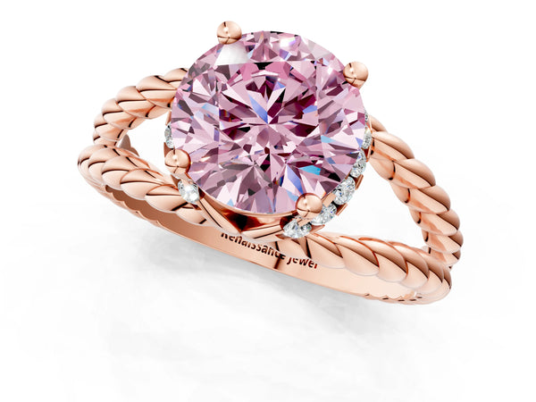 Rose gold Fancy Pink Round  Halo Twisted Band Four-Prong Ring