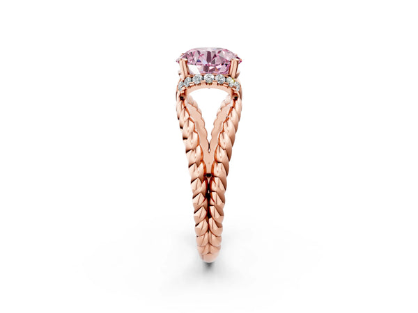 Rose gold Fancy Pink Round  Halo Twisted Band Four-Prong Ring