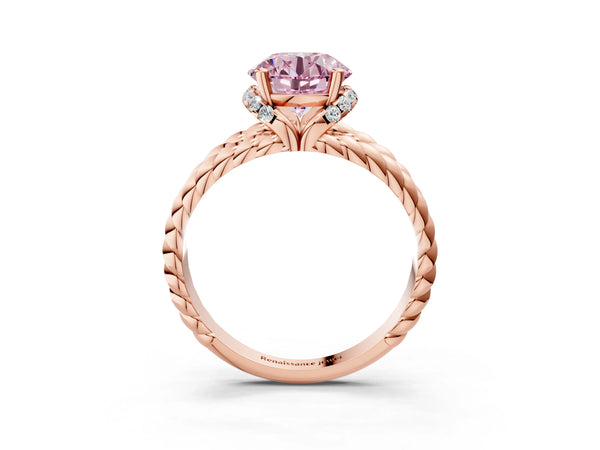 Rose gold Fancy Pink Round  Halo Twisted Band Four-Prong Ring