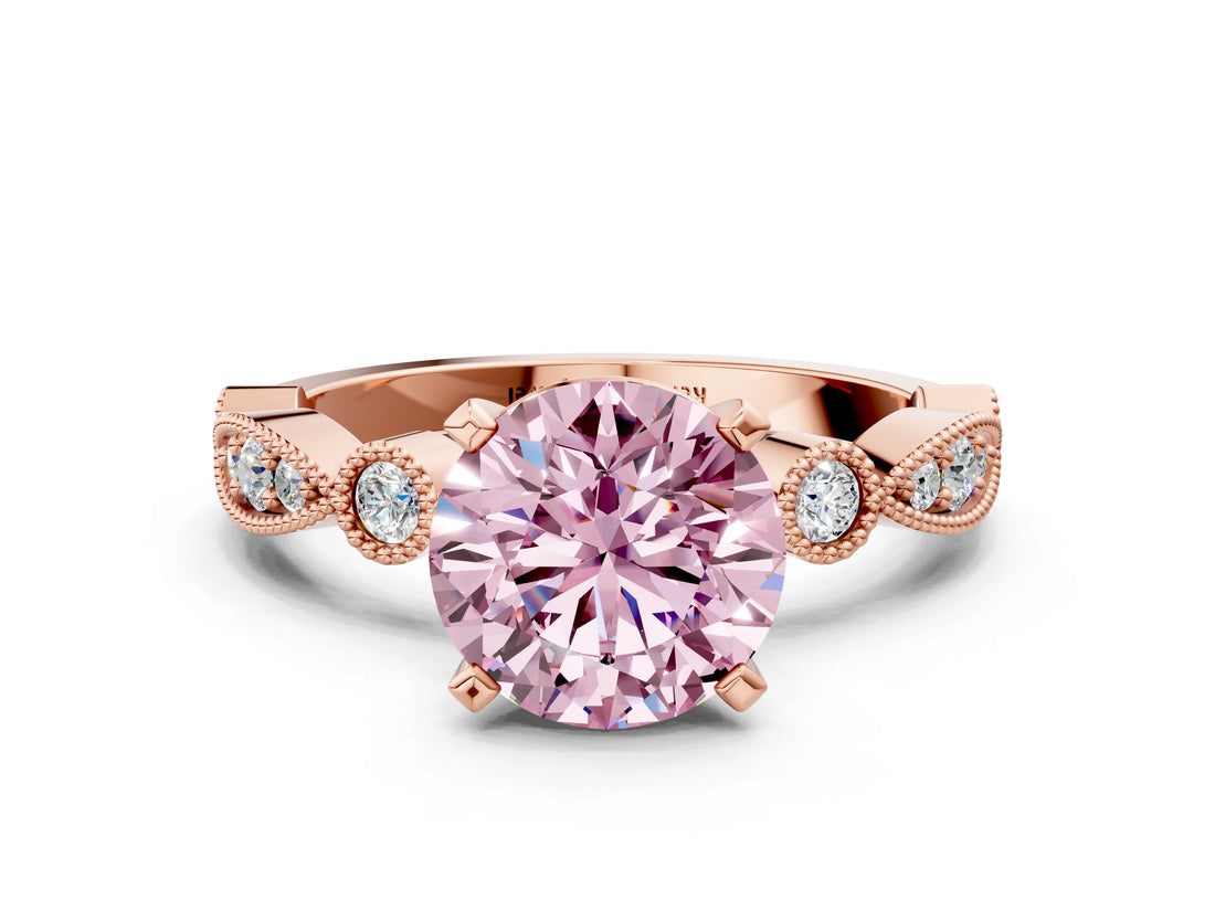 Rose gold Fancy Pink Round  Milgrain Bezel Diamond Engagement Ring with Solitaire Prong Setting_28