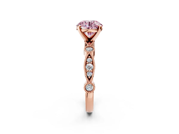 Rose gold Fancy Pink Round  Milgrain Bezel Diamond Engagement Ring with Solitaire Prong Setting