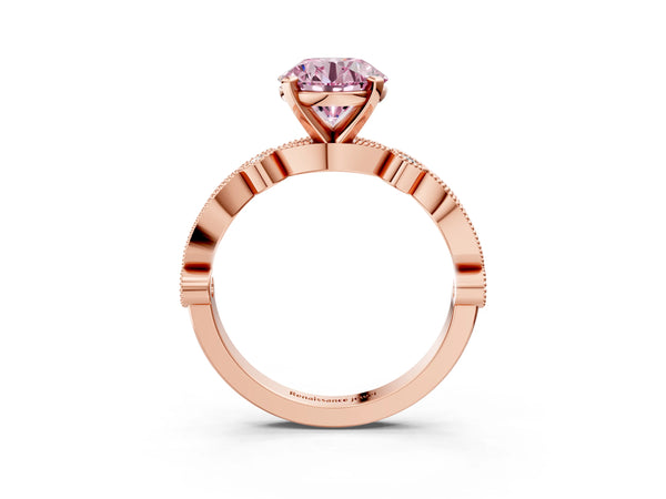 Rose gold Fancy Pink Round  Milgrain Bezel Diamond Engagement Ring with Solitaire Prong Setting