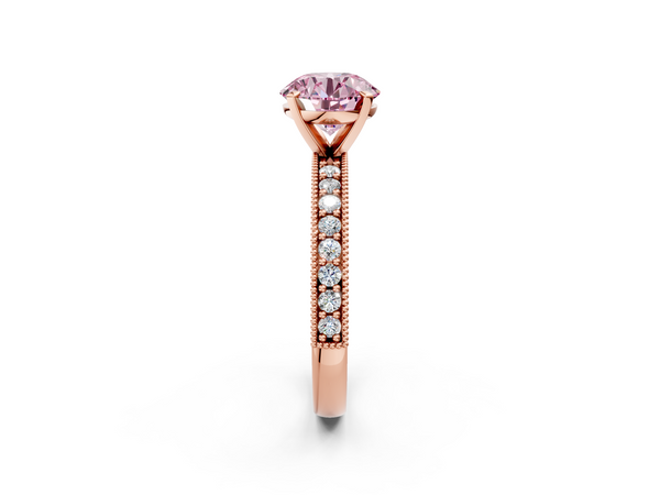 Rose gold Fancy Pink Round Cut Diamond Milgrain Pavé Engagement Ring with Four-Prong Setting