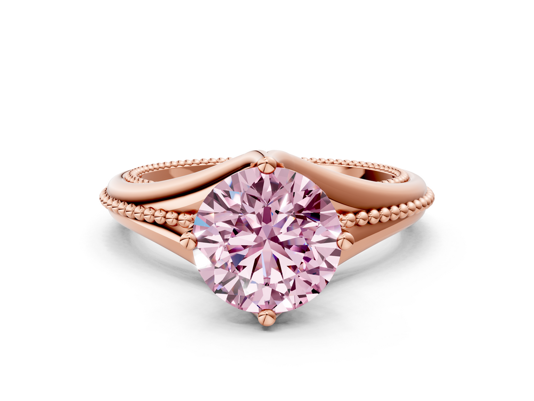 Rose gold Fancy Pink Round  Solitaire Beaded Band Six-Prong Setting