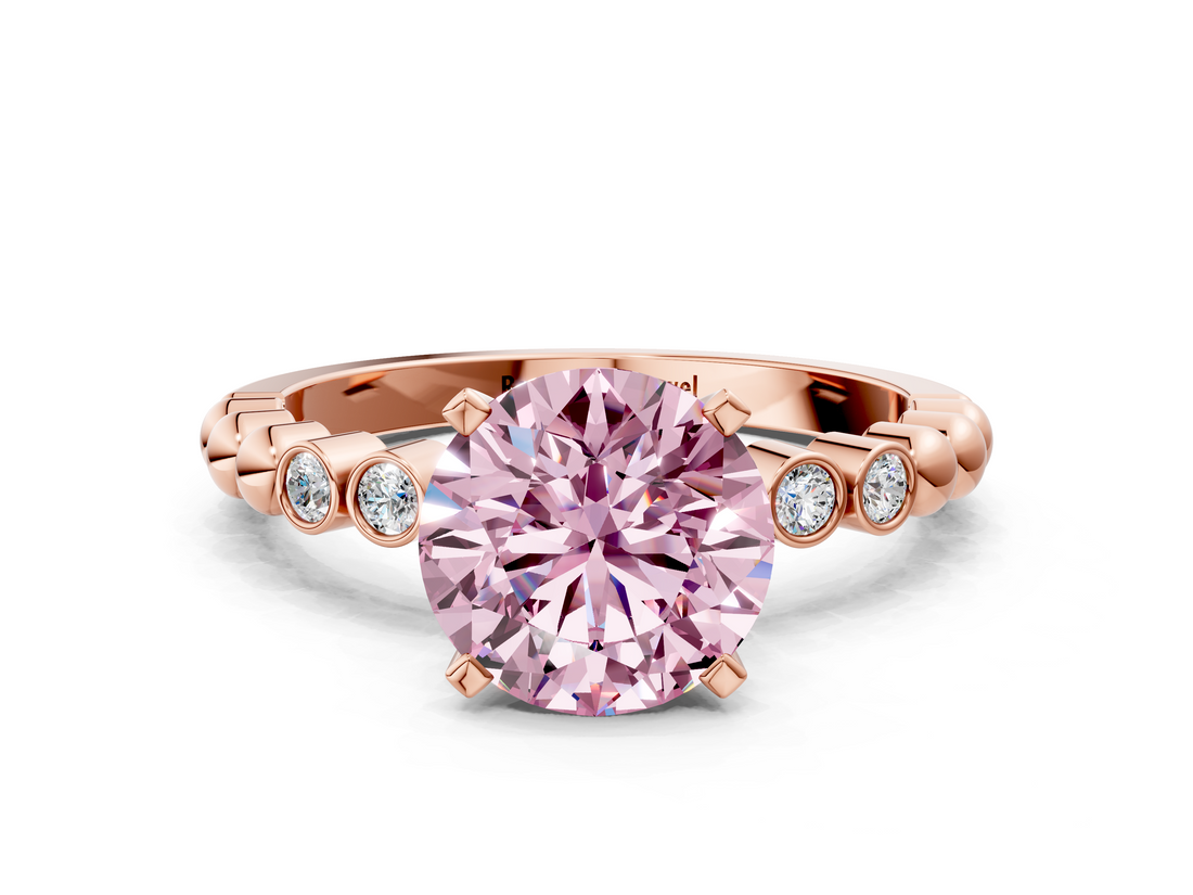 Rose gold Fancy Pink Round  Solitaire Bezel Accent Diamond Engagement Ring with Beaded Band and Four-Prong Setting