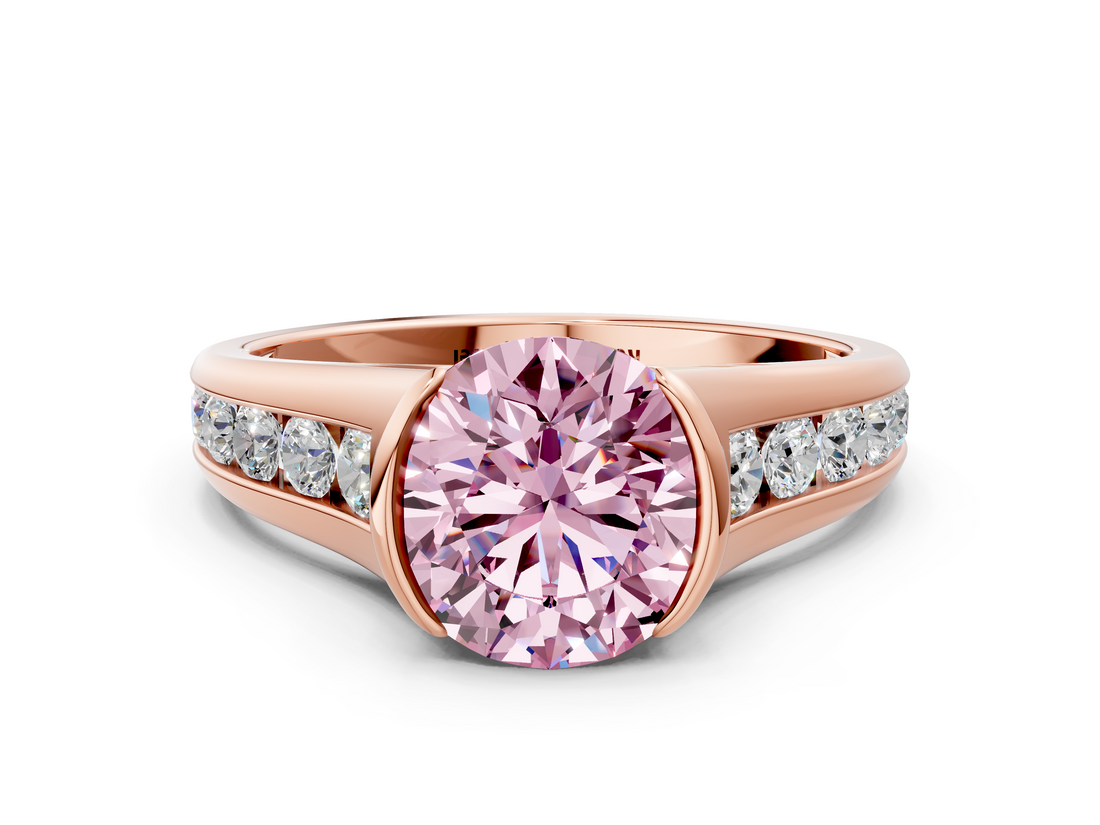 Rose gold Fancy Pink Round  Solitaire Bezel-Set Diamond Ring with Channel-Set Band