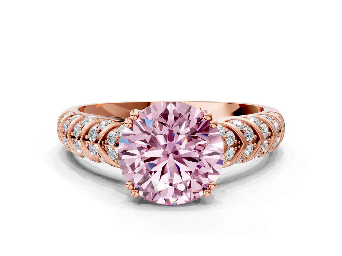 Rose gold Fancy Pink Round  Solitaire Chevron Pave Diamond Engagement Ring with Six-Prong Setting