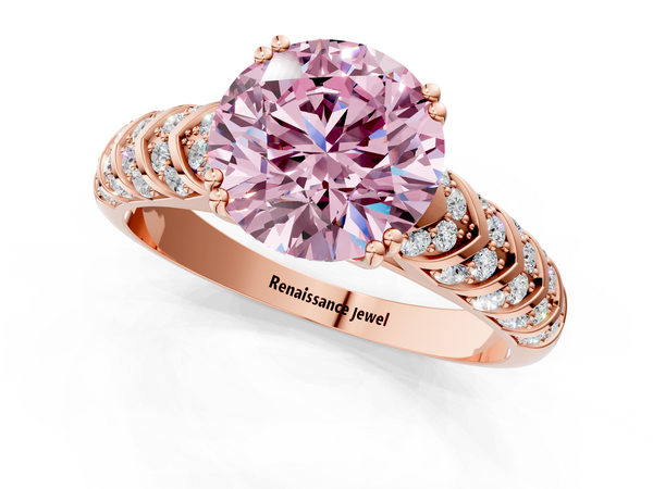 Rose Gold Round Chevron Pave Solitaire Engagement Ring Setting for Fancy Pink Center