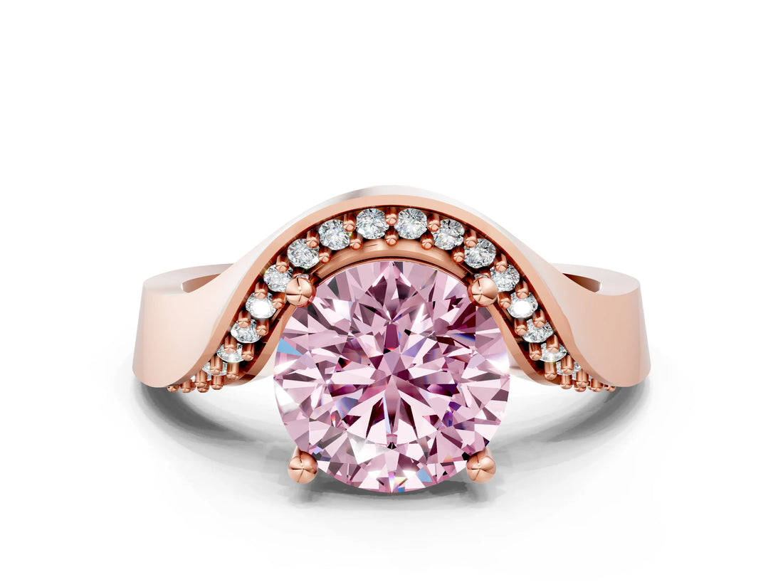 Rose gold Fancy Pink Round  Solitaire Diamond Engagement Ring with Pave Band and Four-Prong Setting
