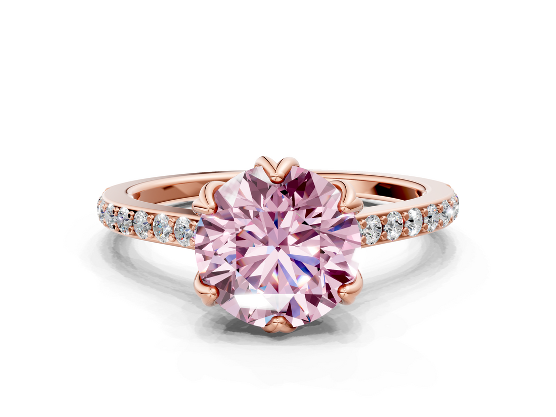 Rose gold Fancy Pink Round  Solitaire Diamond Engagement Ring with Pave Band and Six-Prong Setting
