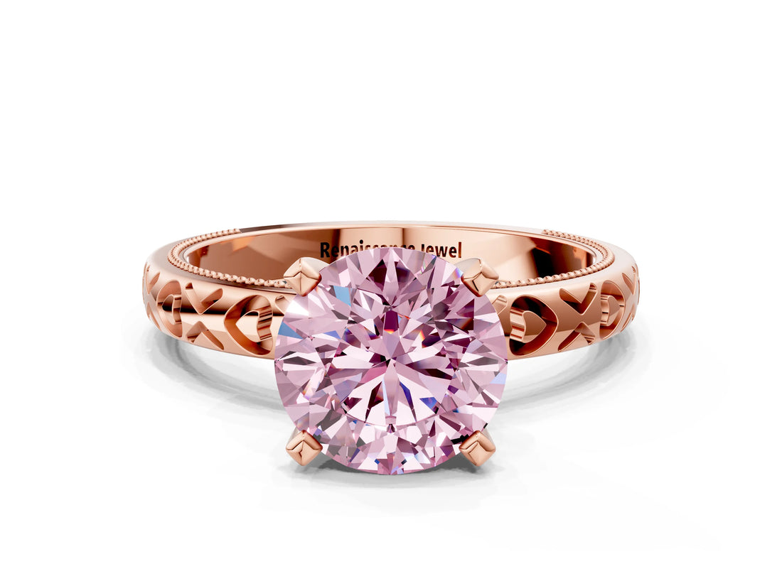 Rose gold Fancy Pink Round  Solitaire Diamond Engagement Ring with XO Engraved Band and Four-Prong Setting 1