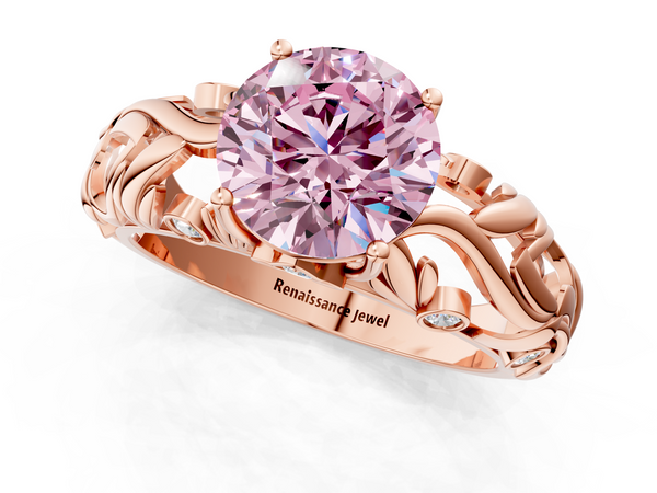 Rose gold Fancy Pink Round Cut Solitaire Diamond Leaf-Inspired Vine Band Ring with Prong Setting