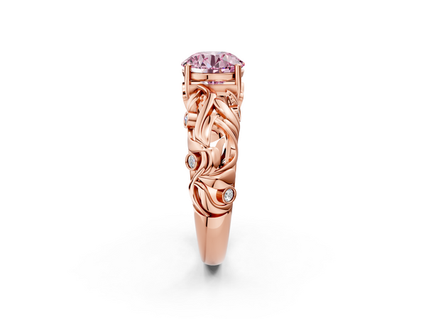 Rose gold Fancy Pink Round Cut Solitaire Diamond Leaf-Inspired Vine Band Ring with Prong Setting