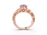Rose gold Fancy Pink Round  Solitaire Diamond Leaf Vine Band with Prong Setting_3