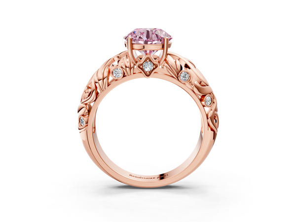 Rose gold Fancy Pink Round Cut Solitaire Diamond Leaf-Inspired Vine Band Ring with Prong Setting