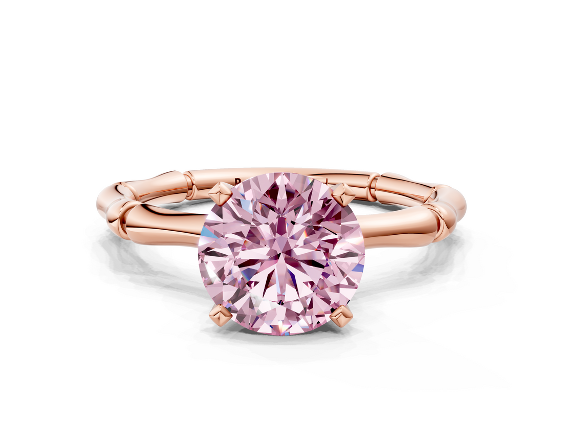 Rose gold Fancy Pink Round  Solitaire Diamond Ring with Bamboo Band and Four-Prong Setting