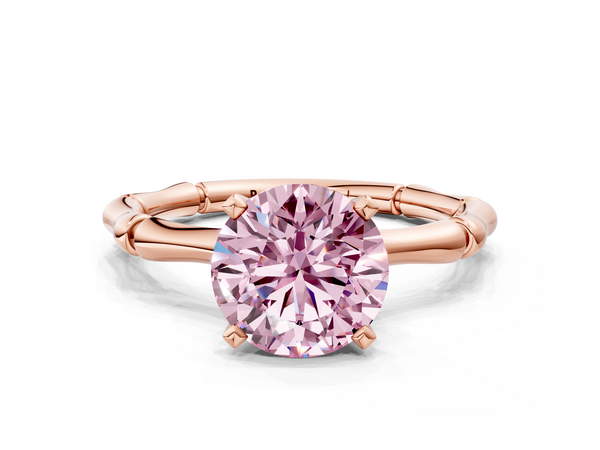 Rose gold Fancy Pink Round  Solitaire Diamond Ring with Bamboo Band and Four-Prong Setting