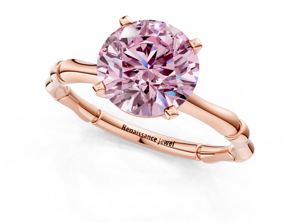Rose gold Fancy Pink Round  Solitaire Diamond Ring with Bamboo Band and Four-Prong Setting